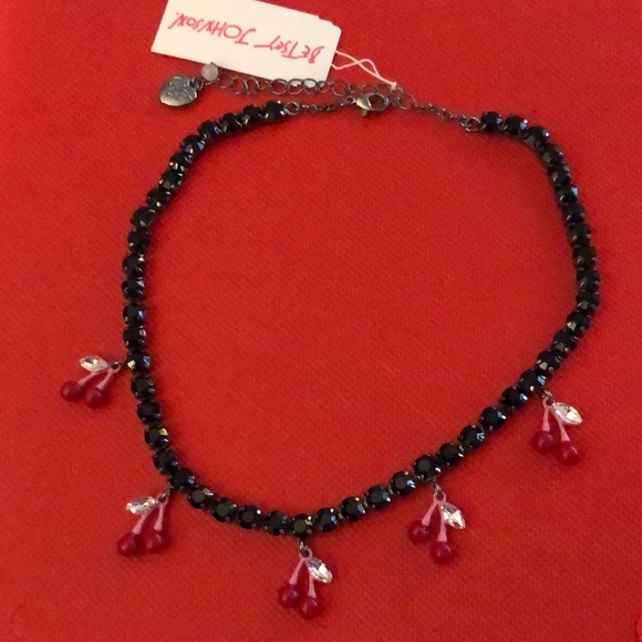 Betsey Johnson Hematite Tone Black Crystal Tennis Necklace Cherry Charms NWT - Picture 3 of 12